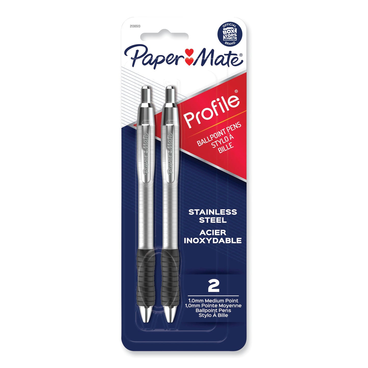 Paper Mate Profile Ballpoint Pen, Retractable, Medium, 1 mm, Black Ink, Black/Silver Barrel, 2/Pack (2130513)