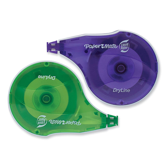 Paper Mate DryLine Correction Tape, Non-Refillable, Green/Purple Applicators, 0.17" x 472", 2/Pack (6137206)