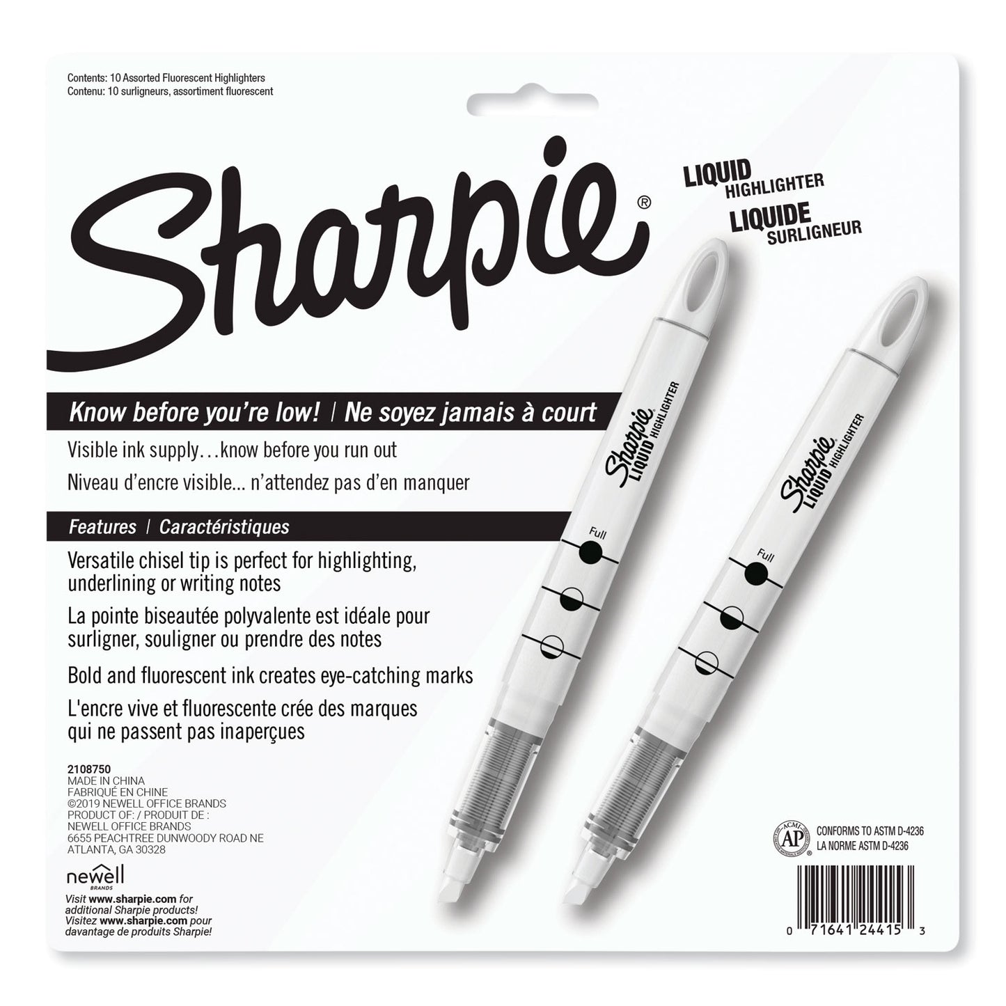 Sharpie Liquid Pen Style Highlighters, Assorted Ink Colors, Chisel Tip, Assorted Barrel Colors, 10/Set (24415PP)