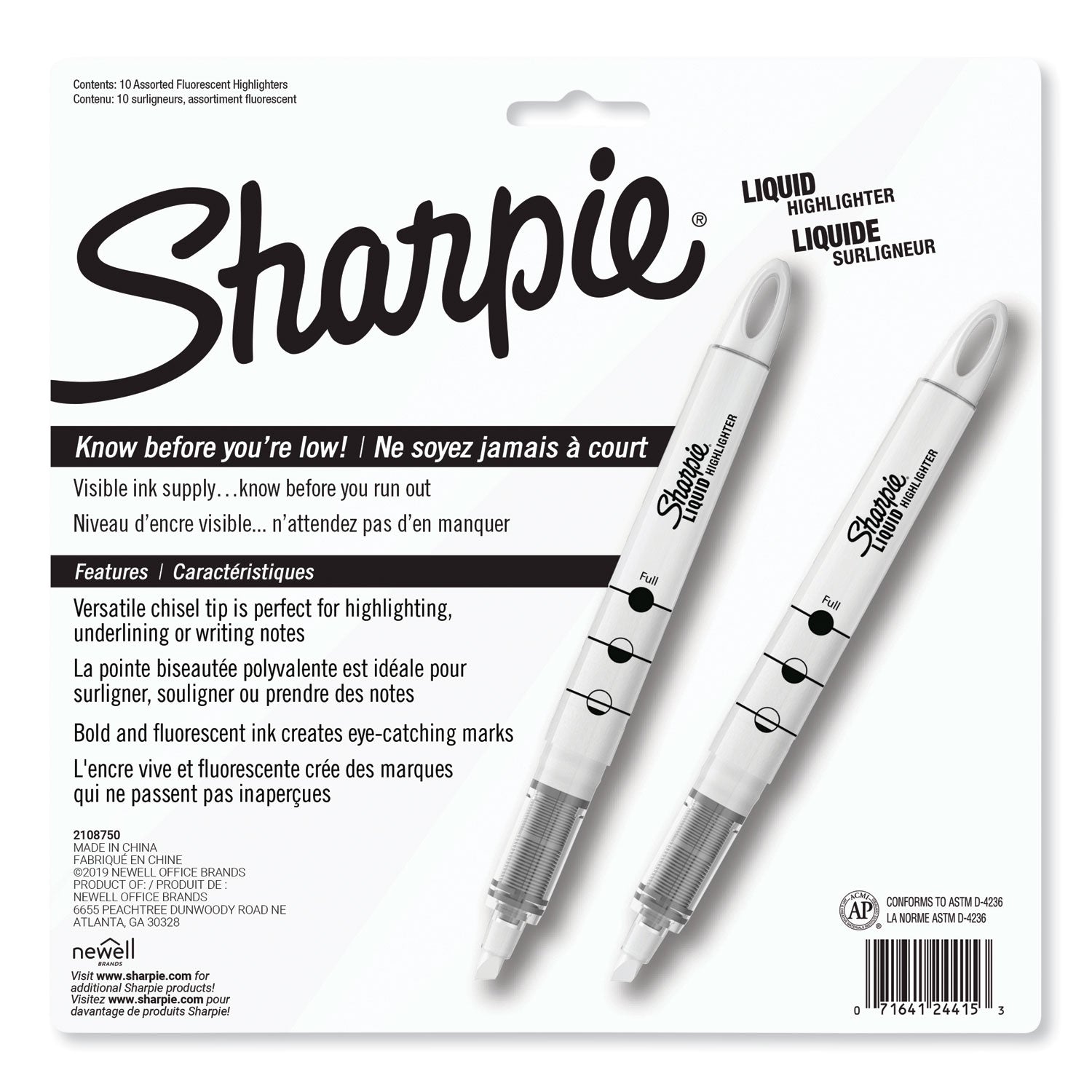 Sharpie Liquid Pen Style Highlighters, Assorted Ink Colors, Chisel Tip, Assorted Barrel Colors, 10/Set (24415PP)