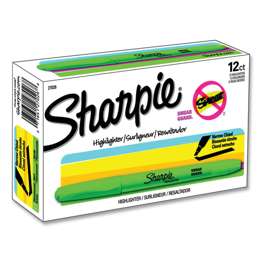 Sharpie Pocket Style Highlighters, Fluorescent Green Ink, Chisel Tip, Green Barrel, Dozen (27026)