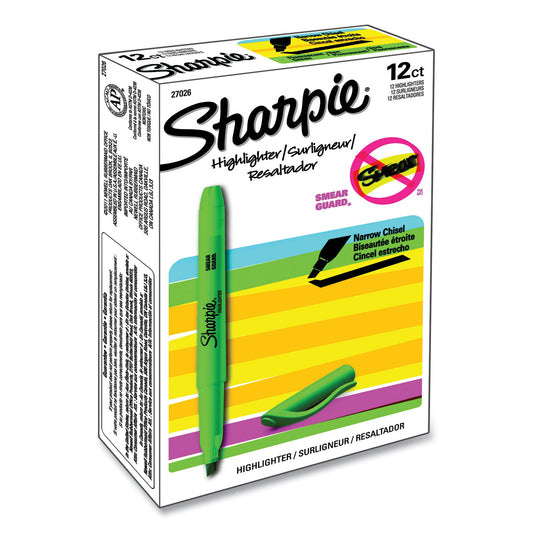Sharpie Pocket Style Highlighters, Fluorescent Green Ink, Chisel Tip, Green Barrel, Dozen (27026)