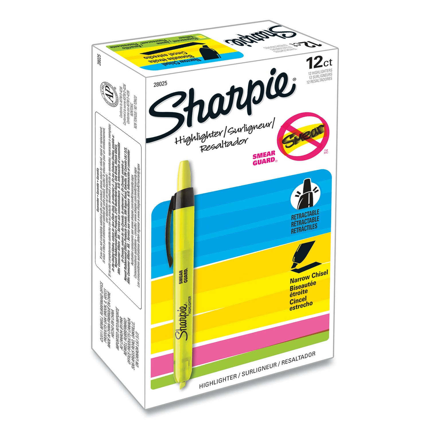 Sharpie Retractable Highlighters, Fluorescent Yellow Ink, Chisel Tip, Yellow/Black Barrel, Dozen (28025)