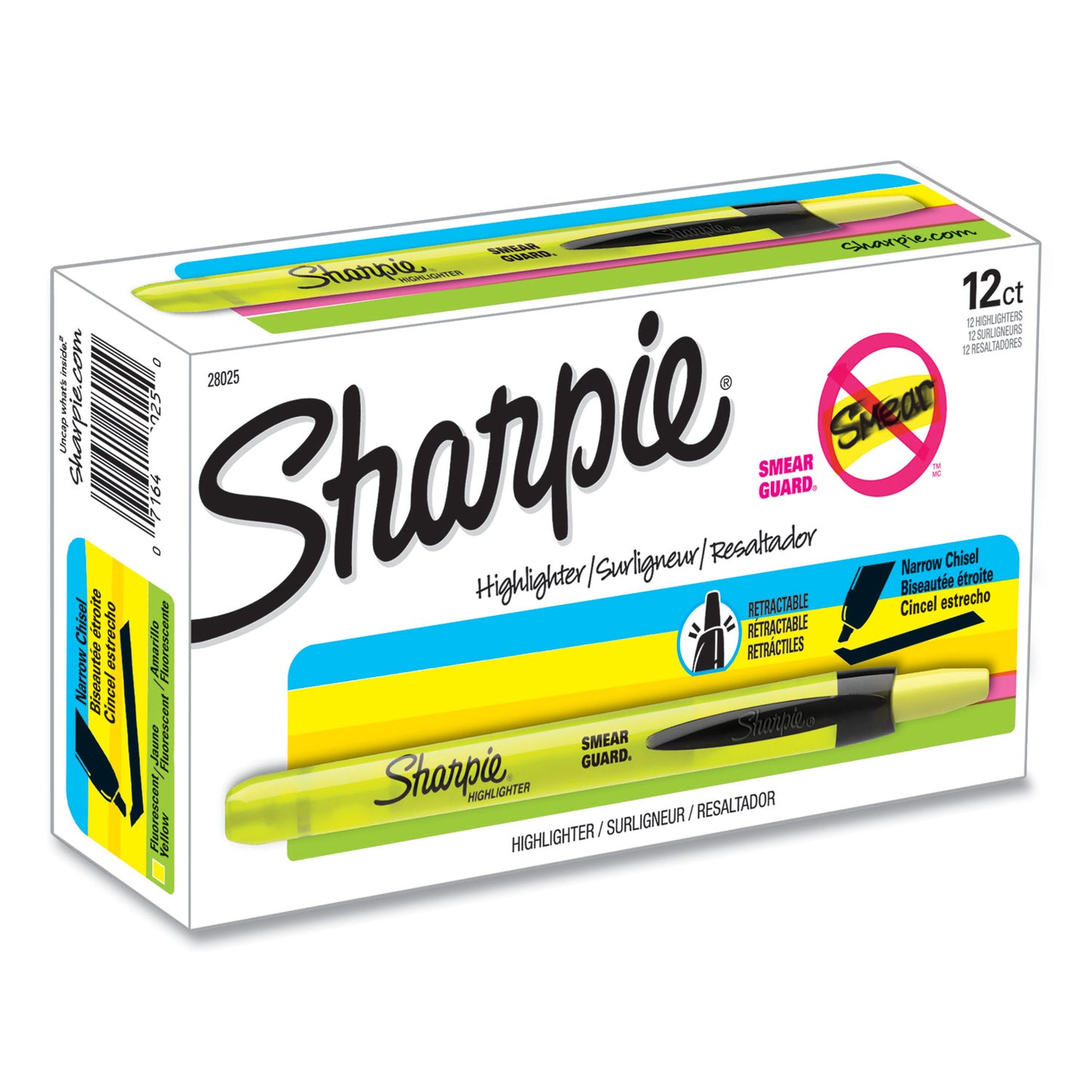 Sharpie Retractable Highlighters, Fluorescent Yellow Ink, Chisel Tip, Yellow/Black Barrel, Dozen (28025)