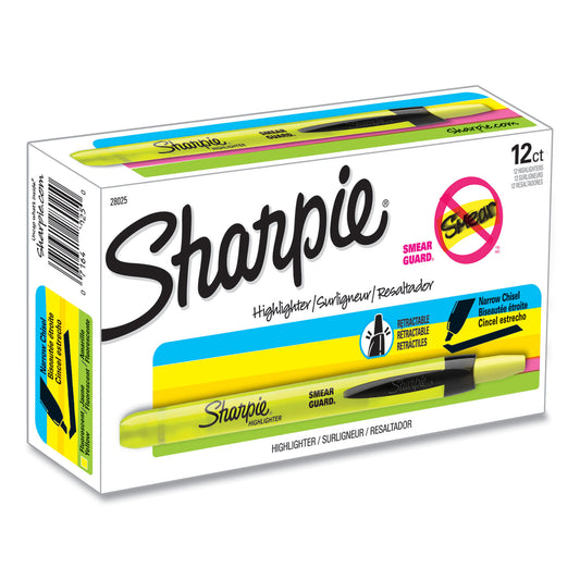 Sharpie Retractable Highlighters, Fluorescent Yellow Ink, Chisel Tip, Yellow/Black Barrel, Dozen (28025)