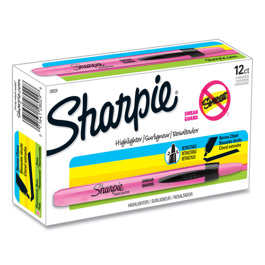 Sharpie Retractable Highlighters, Fluorescent Pink Ink, Chisel Tip, Pink/Black Barrel, Dozen (28029)