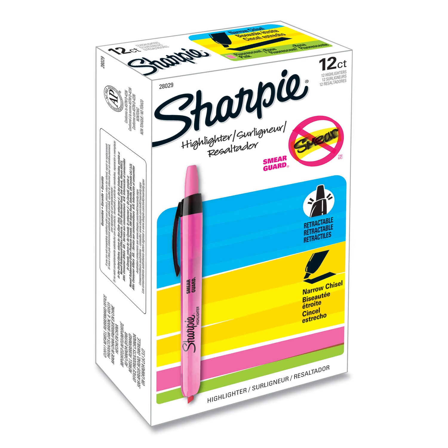 Sharpie Retractable Highlighters, Fluorescent Pink Ink, Chisel Tip, Pink/Black Barrel, Dozen (28029)
