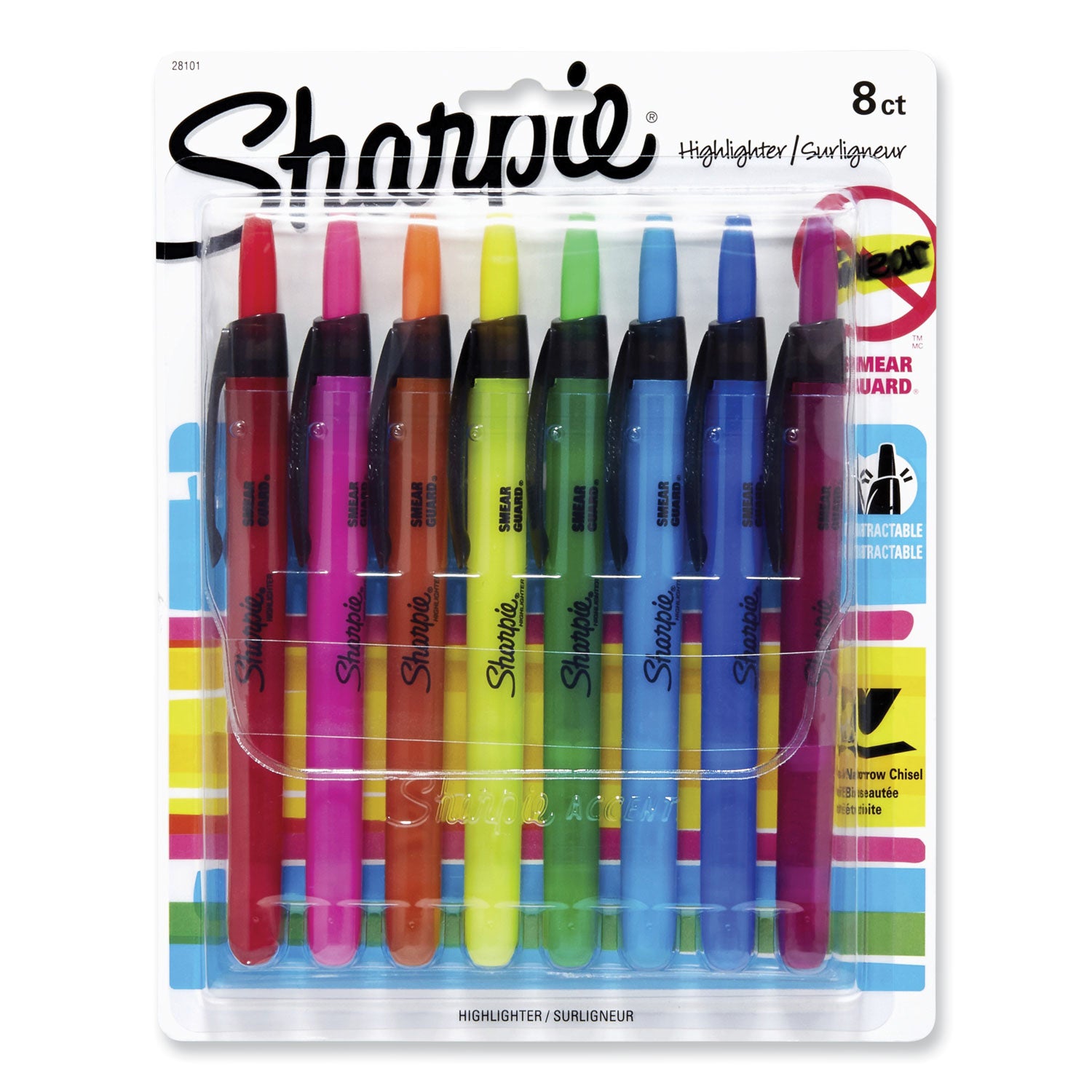 Sharpie Retractable Highlighters with Storage Pouch, Assorted Ink Colors, Chisel Tip, Assorted Barrel Colors, 8/Set (28101)