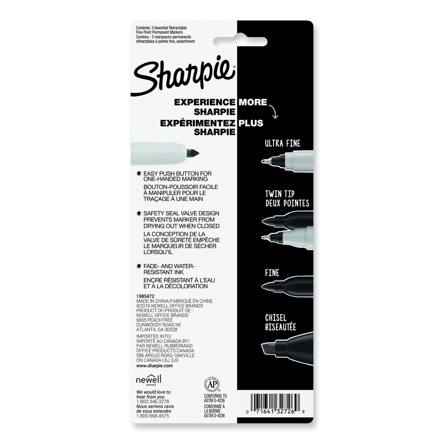 Sharpie Retractable Permanent Marker, Fine Bullet Tip, Assorted Colors, 3/Set (32726PP)