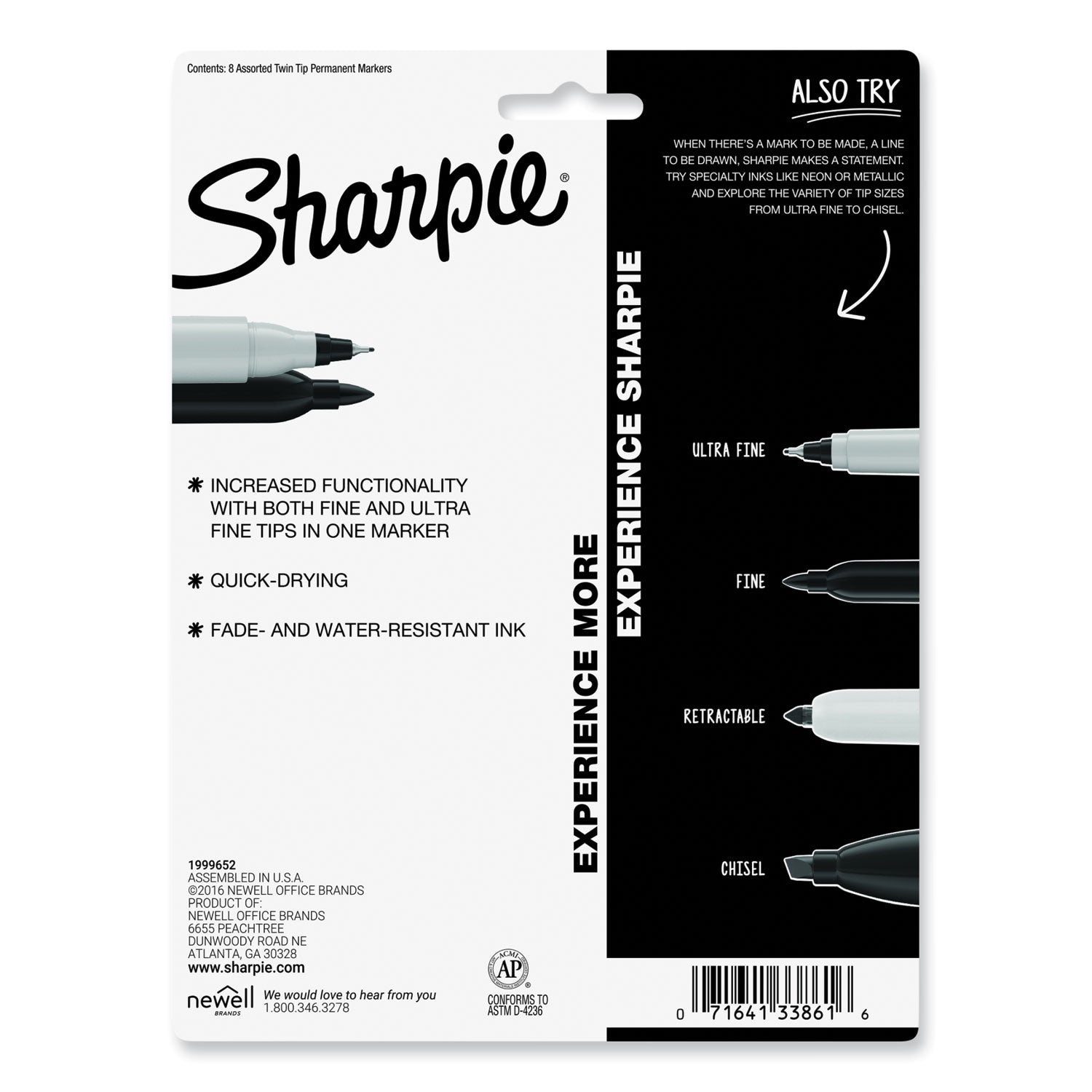 Sharpie Twin-Tip Permanent Marker, Extra-Fine/Fine Bullet Tips, Assorted Colors, 8/Set (33861PP)