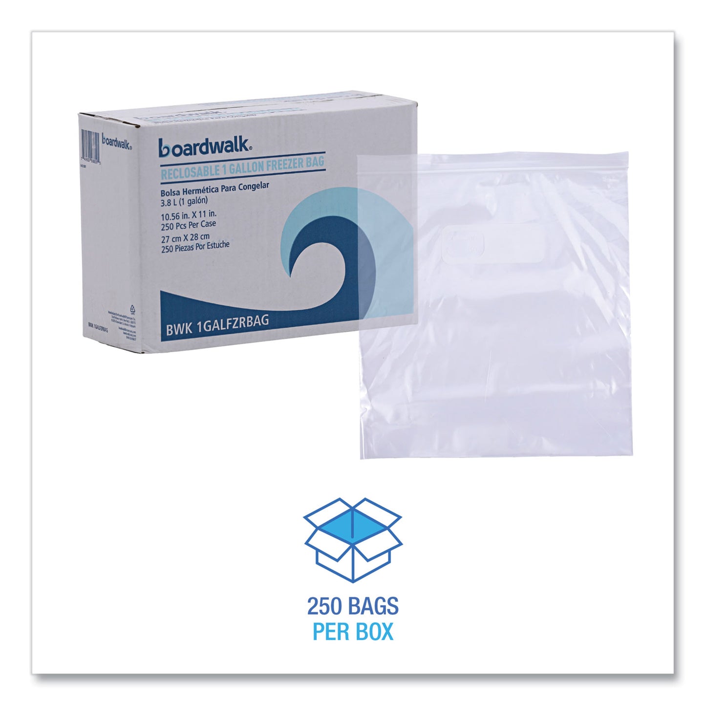 Boardwalk Reclosable Freezer Storage Bags, 1 gal, 10.5" x 11", Clear, 250/Box (1GALFZRBAG)