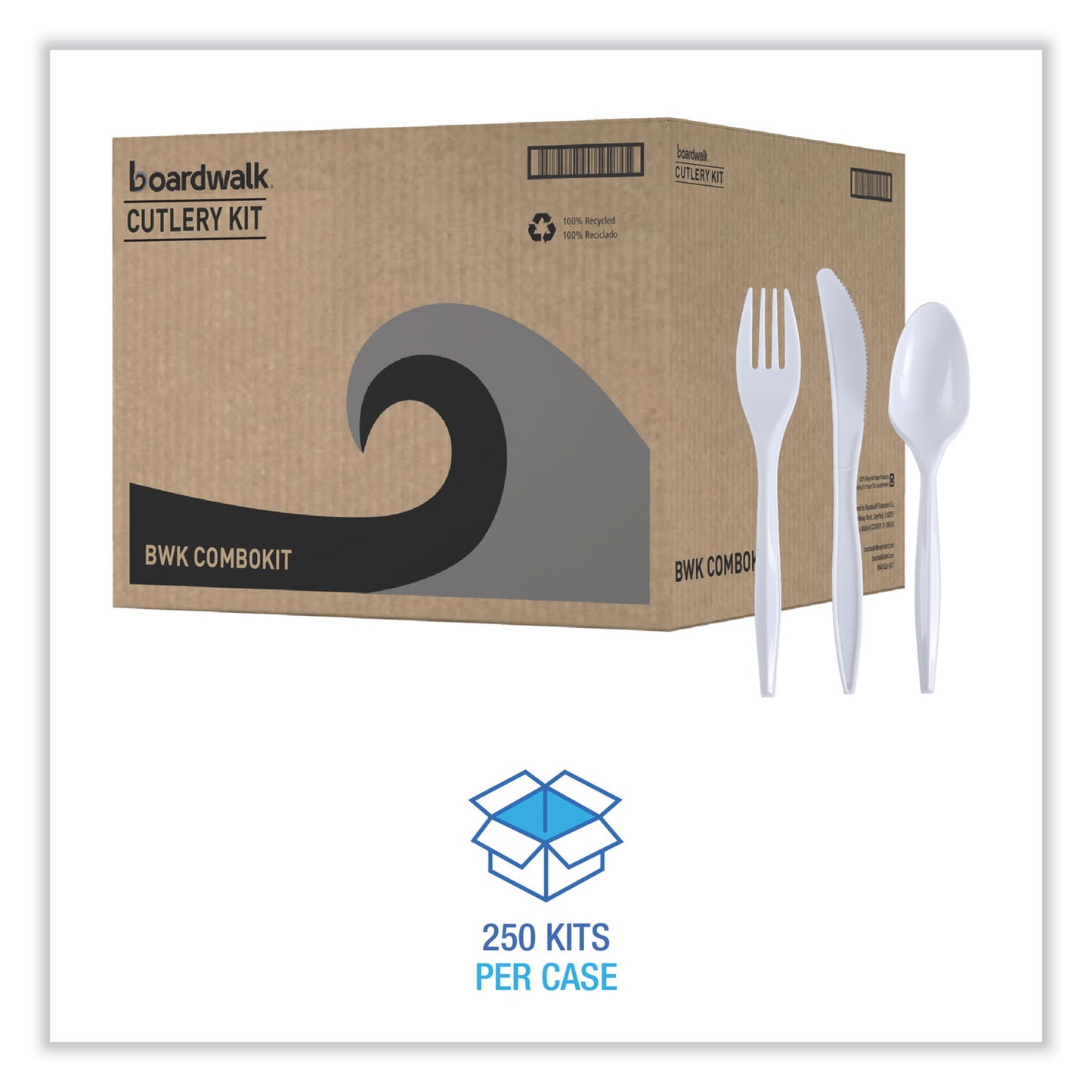 Boardwalk Three-Piece Cutlery Kit, Fork/Knife/Teaspoon, Polypropylene, White, 250/Carton (COMBOKIT)