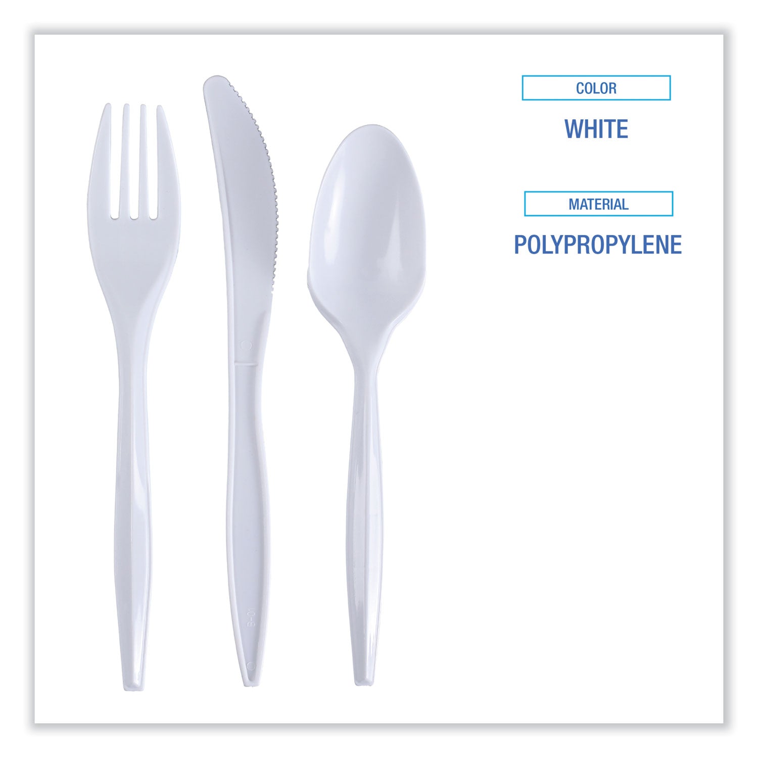 Boardwalk Three-Piece Cutlery Kit, Fork/Knife/Teaspoon, Polypropylene, White, 250/Carton (COMBOKIT)