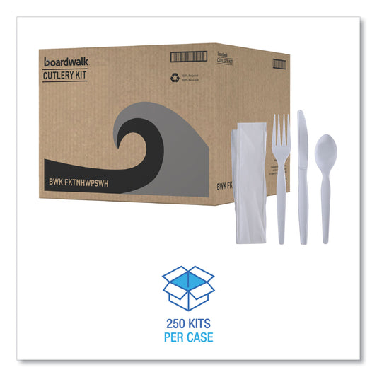 Boardwalk Four-Piece Cutlery Kit, Fork/Knife/Napkin/Teaspoon, Heavyweight, White, 250/Carton (FKTNHWPSWH)