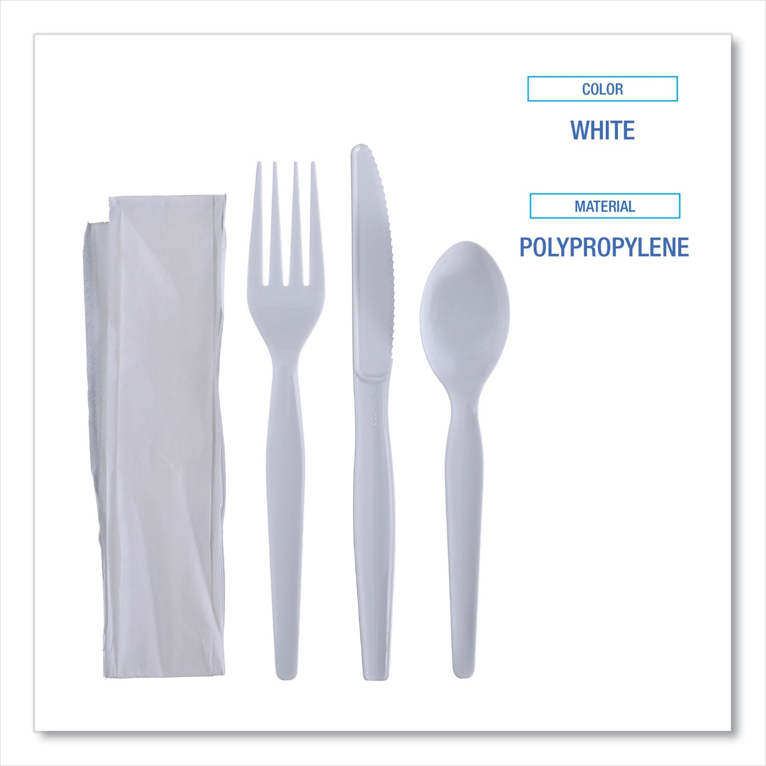 Boardwalk Four-Piece Cutlery Kit, Fork/Knife/Napkin/Teaspoon, Heavyweight, White, 250/Carton (FKTNHWPSWH)