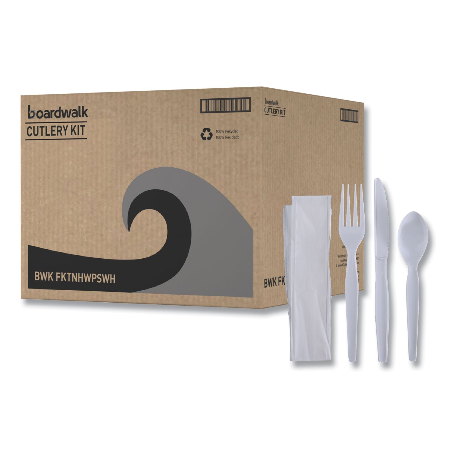 Boardwalk Four-Piece Cutlery Kit, Fork/Knife/Napkin/Teaspoon, Heavyweight, White, 250/Carton (FKTNHWPSWH)