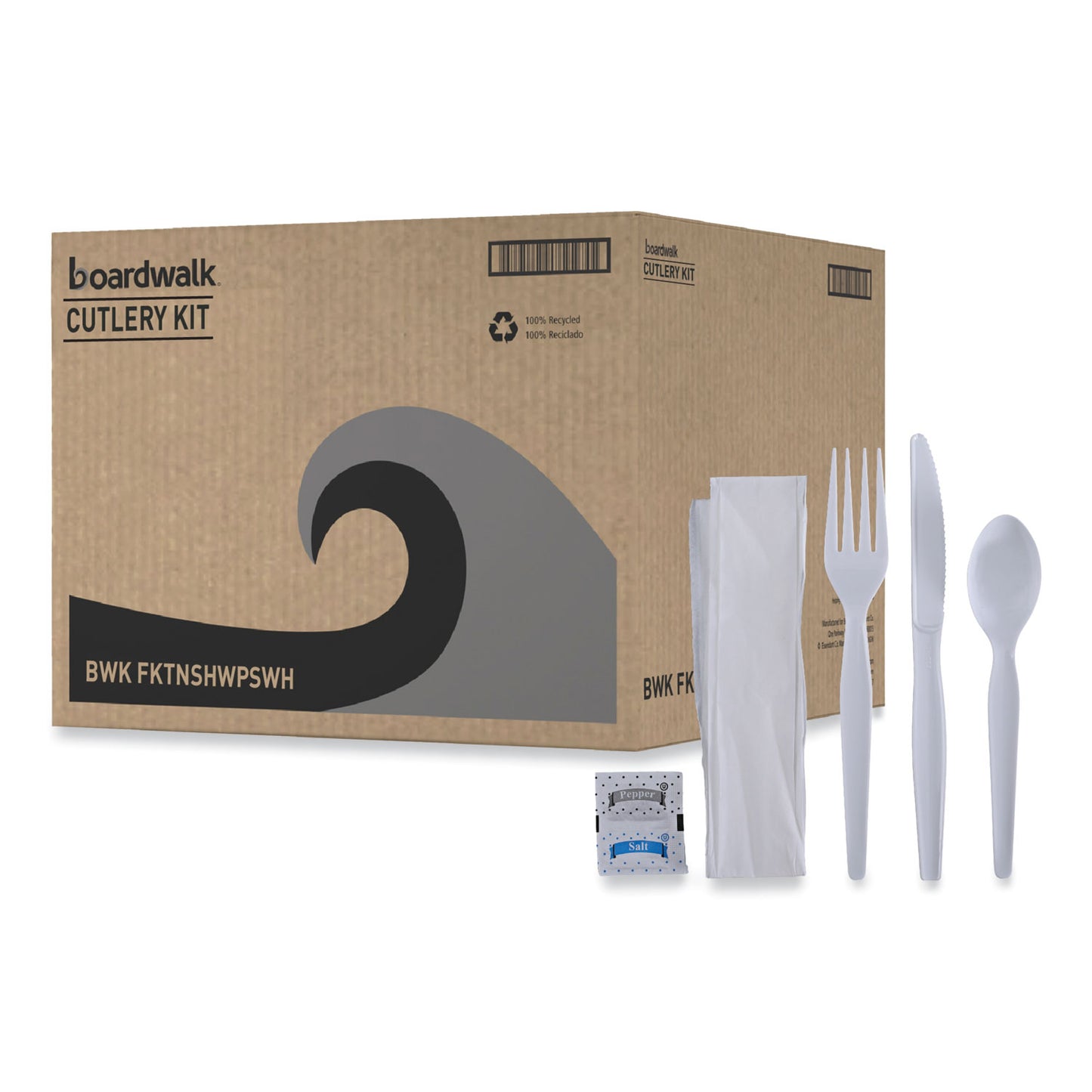 Boardwalk Six-Piece Cutlery Kit, Condiment/Fork/Knife/Napkin/Spoon, Heavyweight, White, 250/Carton (FKTNSHWPSWH)