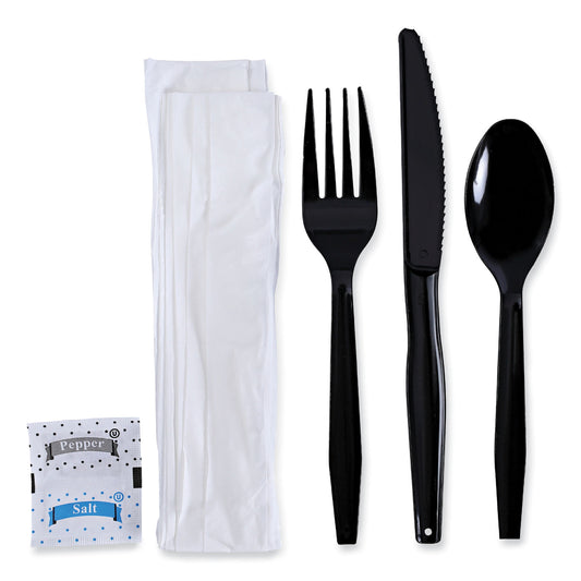 Boardwalk Six-Piece Cutlery Kit, Condiment/Fork/Knife/Napkin/Teaspoon, Black, 250/Carton (FKTNSMWPSBLA)