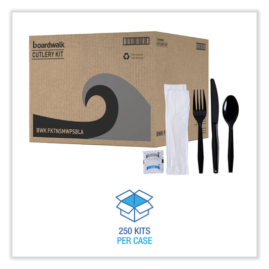 Boardwalk Six-Piece Cutlery Kit, Condiment/Fork/Knife/Napkin/Teaspoon, Black, 250/Carton (FKTNSMWPSBLA)