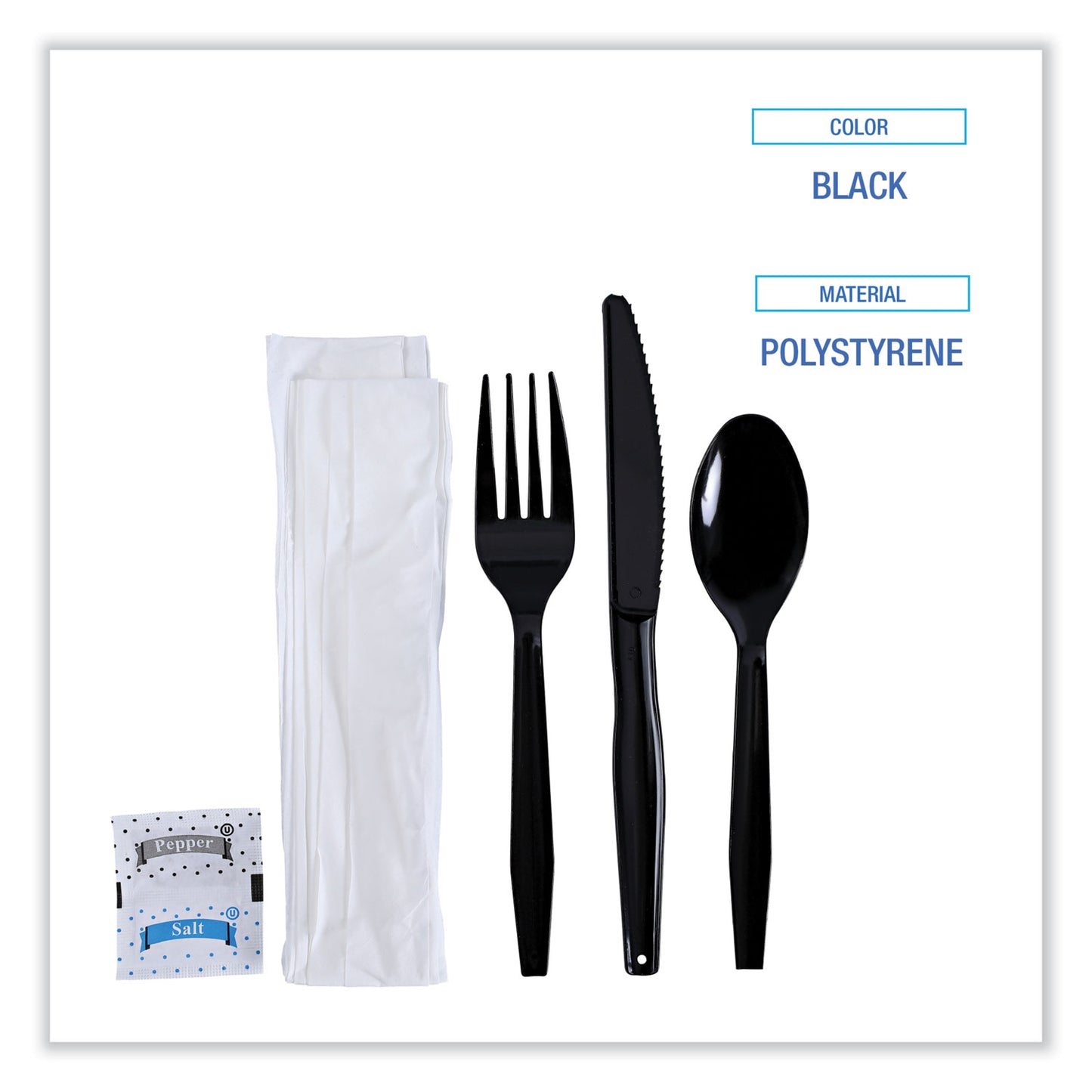 Boardwalk Six-Piece Cutlery Kit, Condiment/Fork/Knife/Napkin/Teaspoon, Black, 250/Carton (FKTNSMWPSBLA)