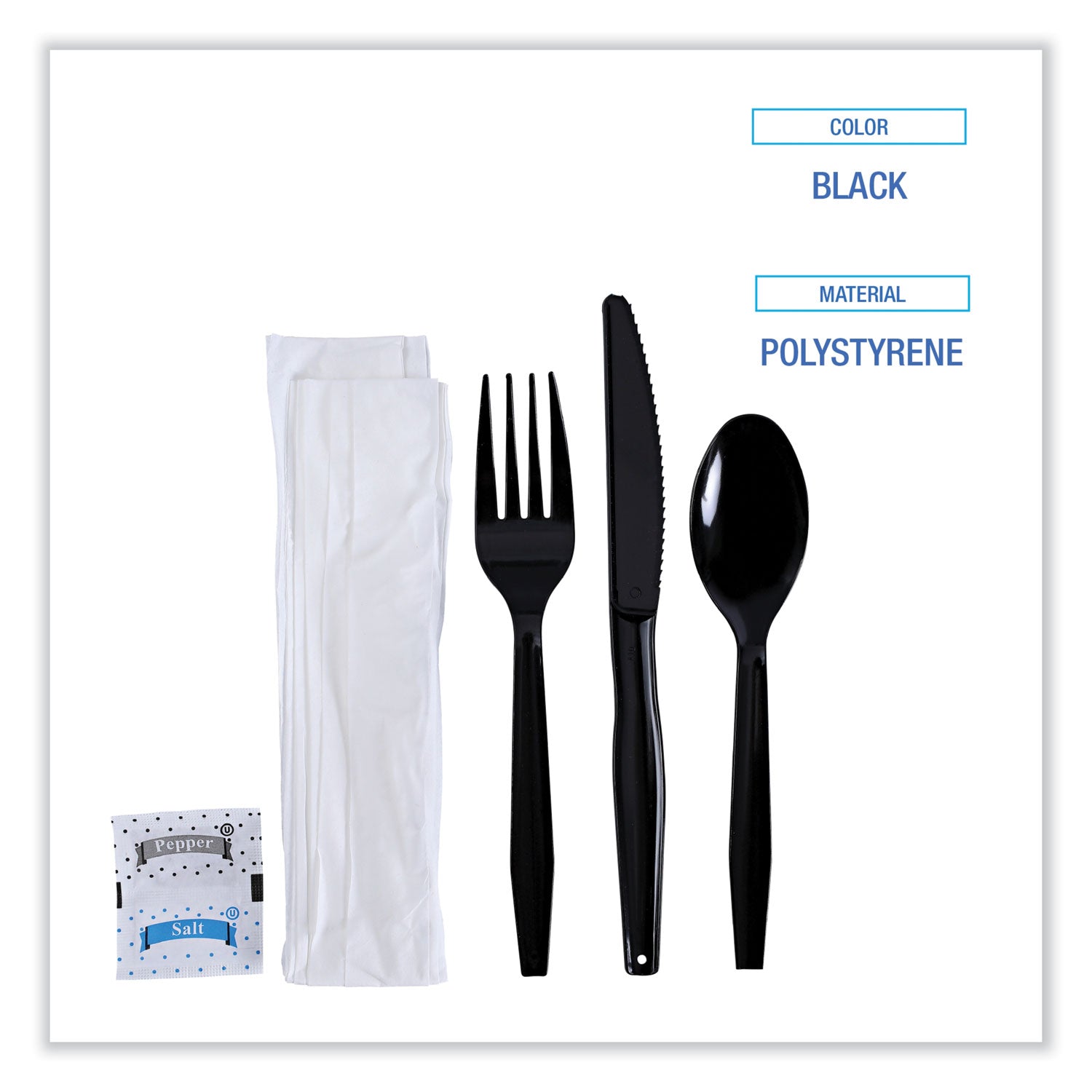 Boardwalk Six-Piece Cutlery Kit, Condiment/Fork/Knife/Napkin/Teaspoon, Black, 250/Carton (FKTNSMWPSBLA)