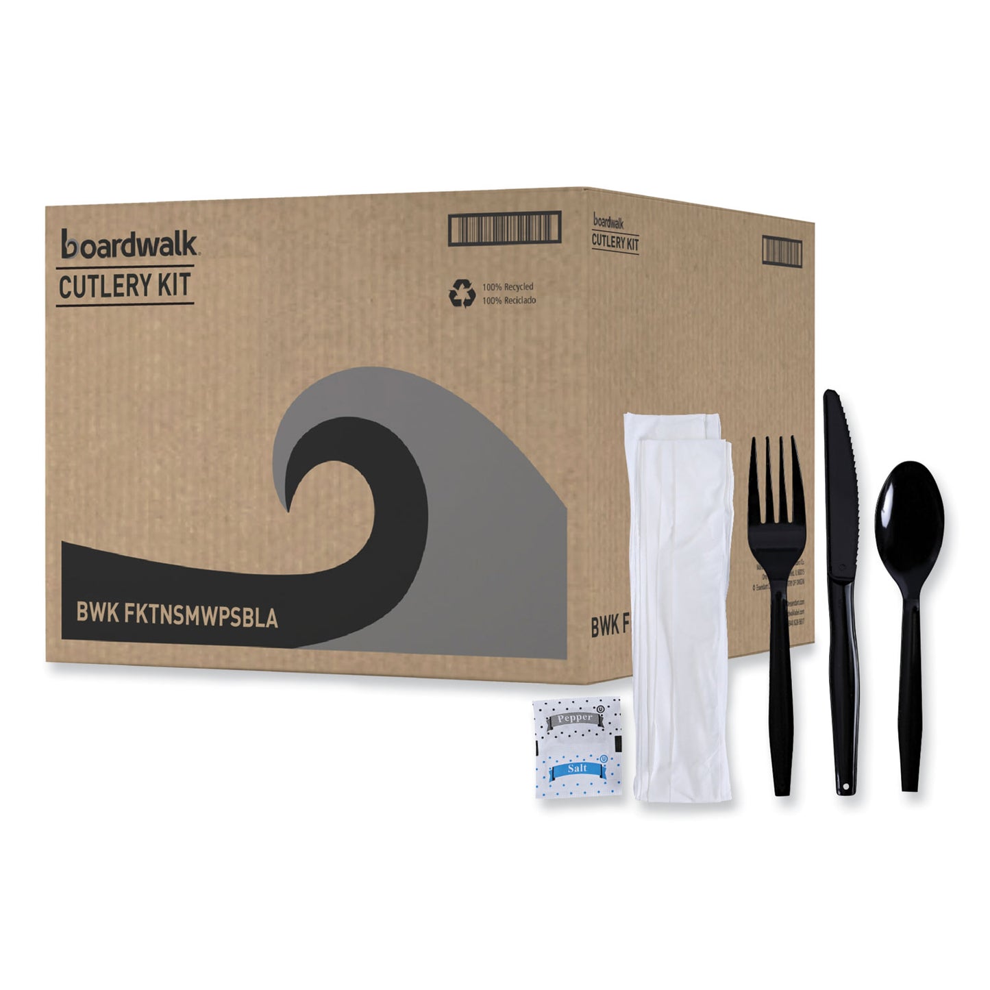 Boardwalk Six-Piece Cutlery Kit, Condiment/Fork/Knife/Napkin/Teaspoon, Black, 250/Carton (FKTNSMWPSBLA)