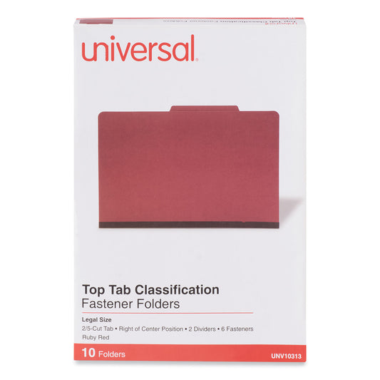 Universal Bright Colored Pressboard Classification Folders, 2" Expansion, 2 Dividers, 6 Fasteners, Legal Size, Ruby Red, 10/Box (10313)