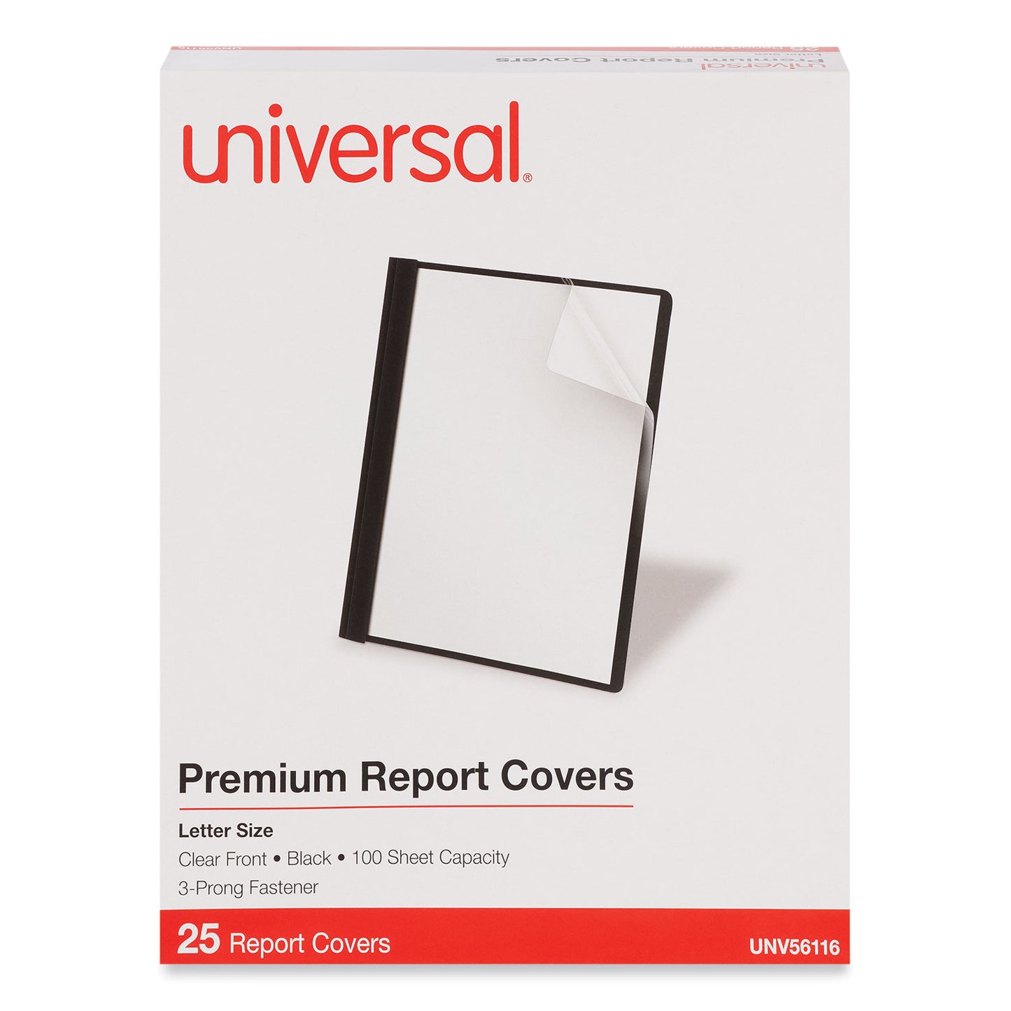 Universal Clear Front Report Cover with Fasteners, Three-Prong Fastener, 0.5" Capacity, 8.5 x 11, Clear/Black, 25/Box (56116)