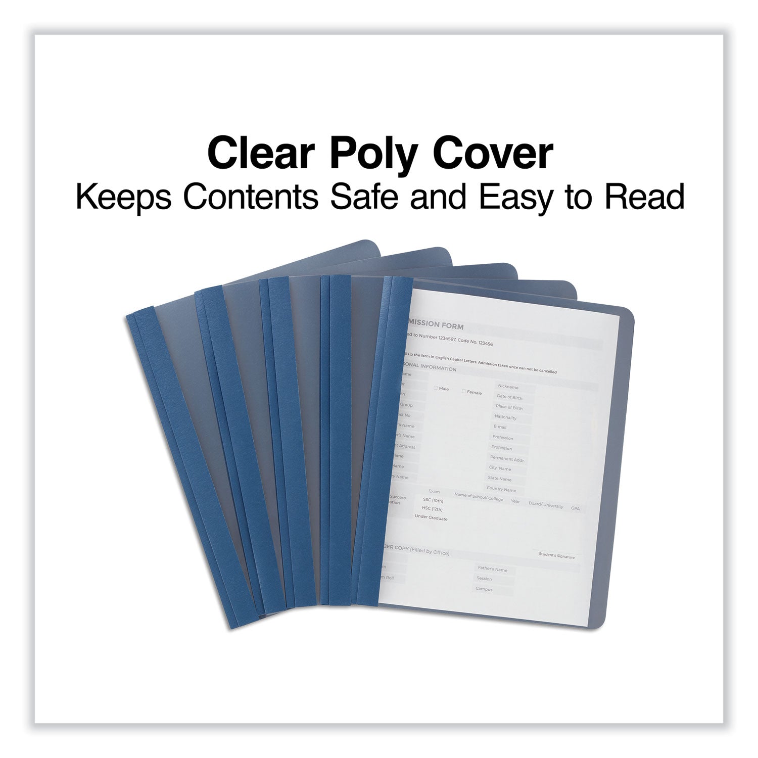 Universal Clear Front Report Covers with Fasteners, Three-Prong Fastener, 0.5" Capacity,  8.5 x 11, Clear/Dark Blue, 25/Box (56138)