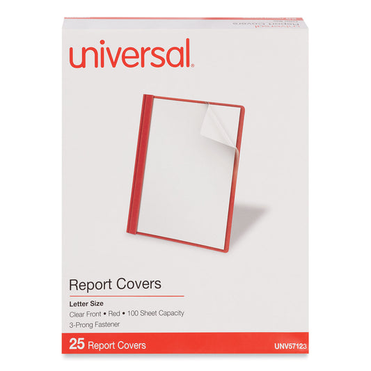 Universal Clear Front Report Cover, Prong Fastener, 0.5" Capacity, 8.5 x 11, Clear/Red, 25/Box (57123)