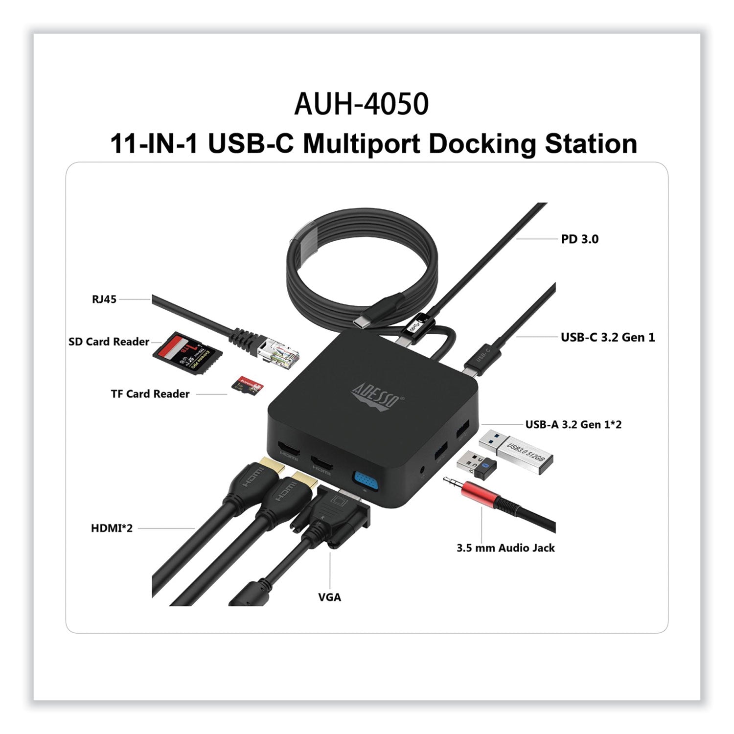 Adesso 11-in-1 USB-C Multi-Port TAA Compliant Docking Station, Black (AUH4050)