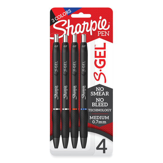 Sharpie S-Gel High-Performance Gel Pen, Retractable, Medium 0.7 mm, Assorted Ink Colors, Black Barrel, 4/Pack (2096174)