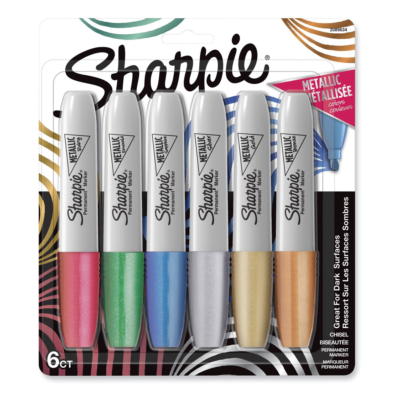 Sharpie Metallic Chisel Tip Permanent Marker, Medium Chisel Tip, Assorted, 6/Pack (2089634)