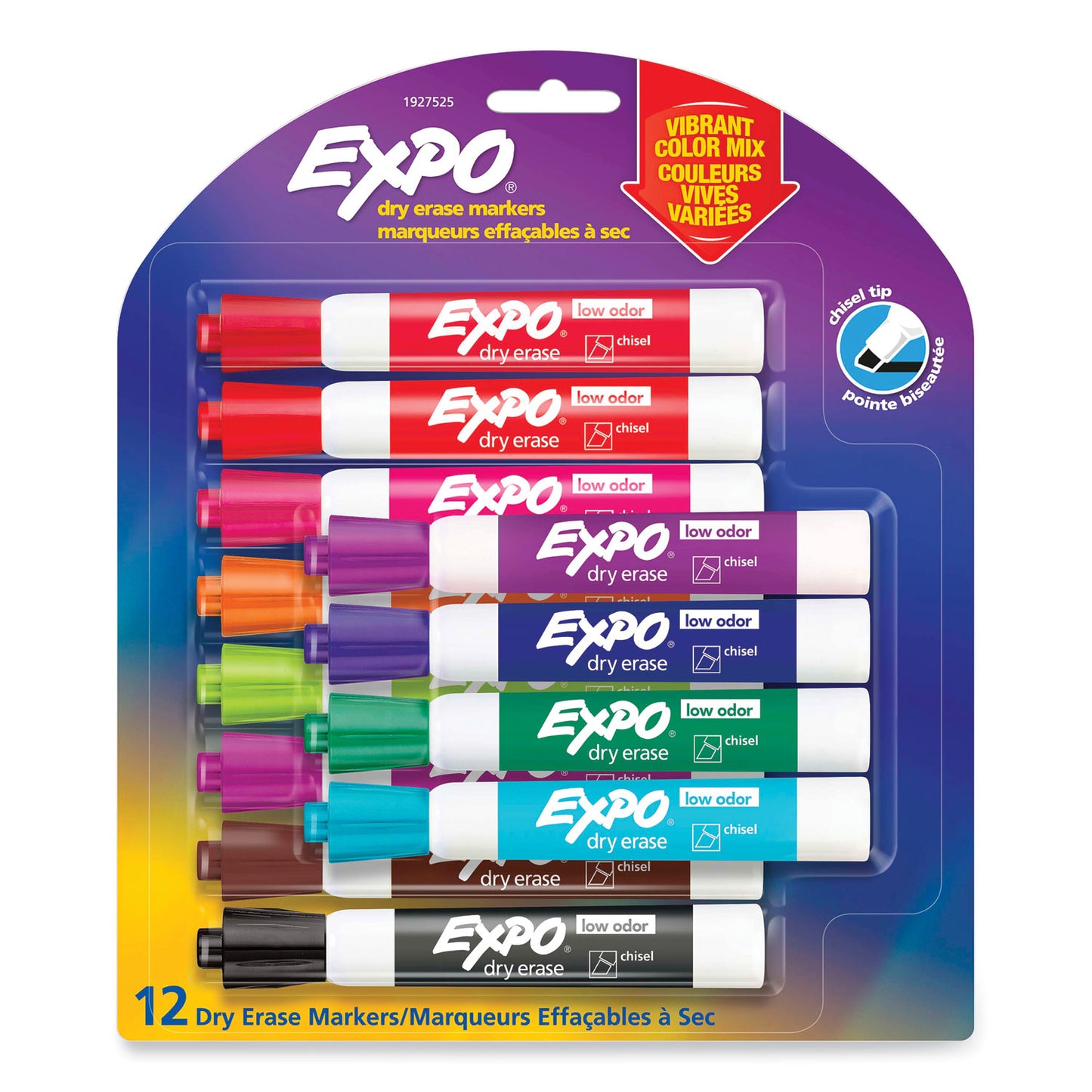 EXPO Low Odor Dry Erase Vibrant Color Markers, Broad Chisel Tip, Assorted Colors, 12/Set (1927525)