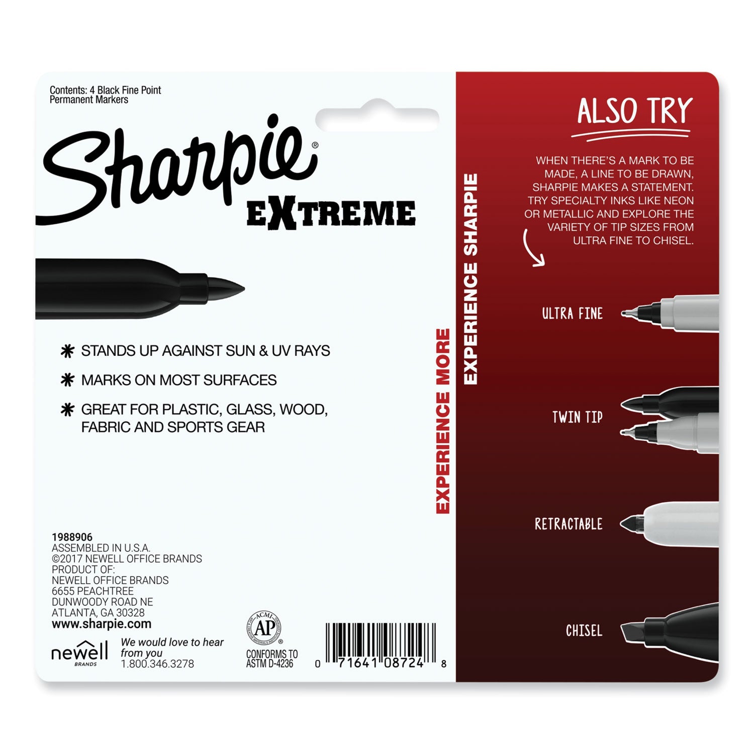 Sharpie Extreme Marker, Fine Bullet Tip, Black, 4/Pack (1927436)