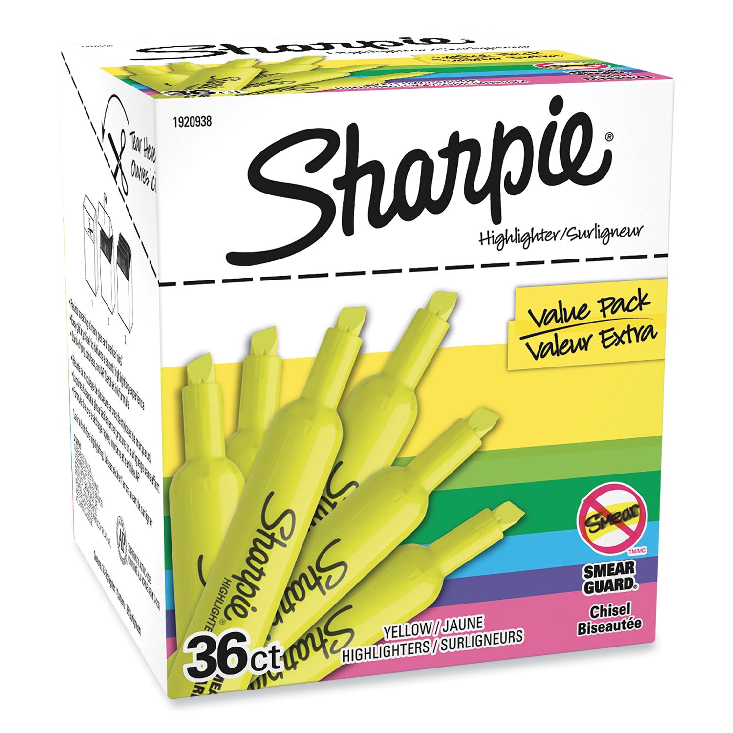 Sharpie Tank Style Highlighter Value Pack, Fluorescent Yellow Ink, Chisel Tip, Yellow Barrel, 36/Box (1920938)