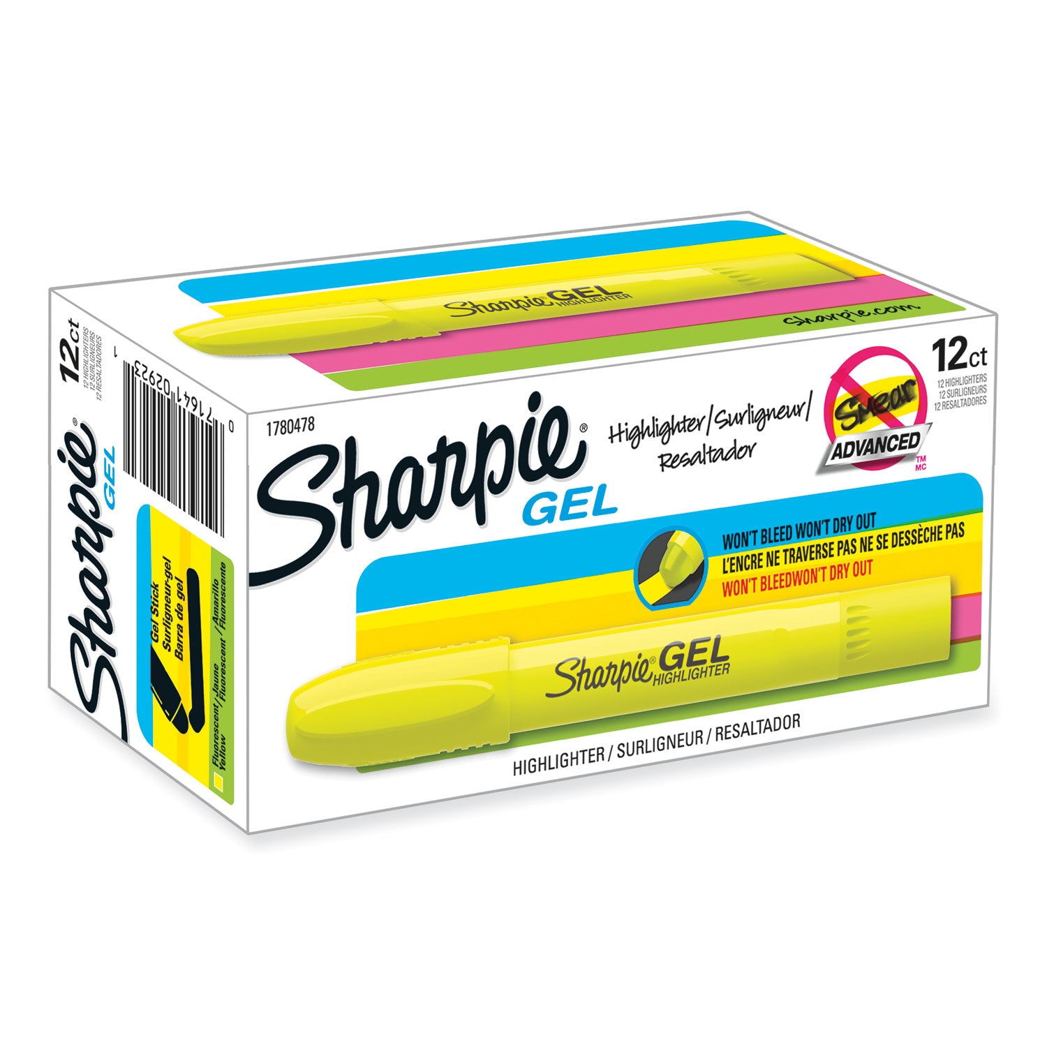 Sharpie Gel Highlighters, Fluorescent Yellow Ink, Bullet Tip, Yellow Barrel (1780478)
