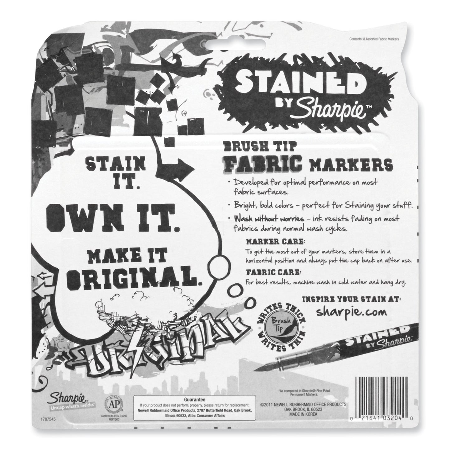 Sharpie Stained Fabric Markers, Medium Brush Tip, Assorted Colors, 8/Pack (1779005)