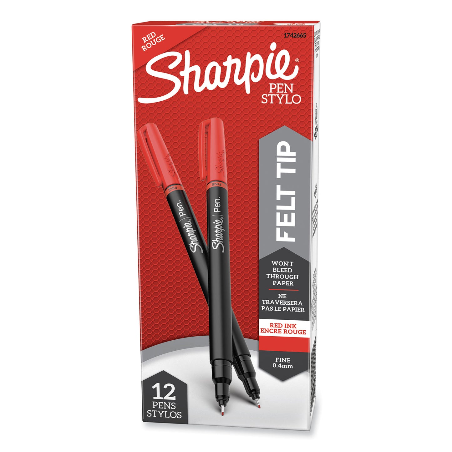 Sharpie Water-Resistant Ink Porous Point Pen, Stick, Fine 0.4 mm, Red Ink, Black/Red Barrel, Dozen (1742665)