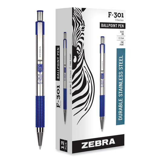 Zebra F-301 Ballpoint Pen, Retractable, Fine 0.7 mm, Blue Ink, Stainless Steel/Blue Barrel (27120)