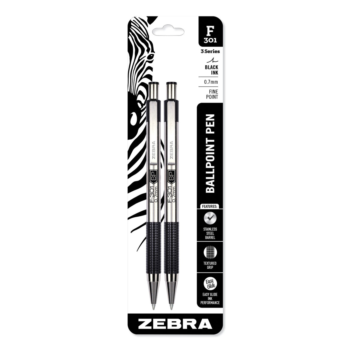 Zebra F-301 Ballpoint Pen, Retractable, Fine 0.7 mm, Black Ink, Stainless Steel/Black Barrel, 2/Pack (27112)