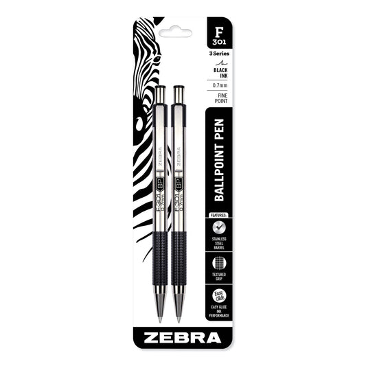 Zebra F-301 Ballpoint Pen, Retractable, Fine 0.7 mm, Black Ink, Stainless Steel/Black Barrel, 2/Pack (27112)