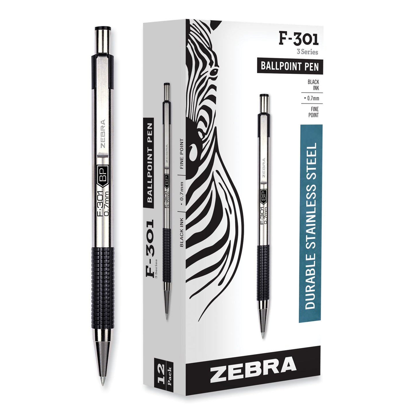 Zebra F-301 Ballpoint Pen, Retractable, Fine 0.7 mm, Black Ink, Stainless Steel/Black Barrel (27110)