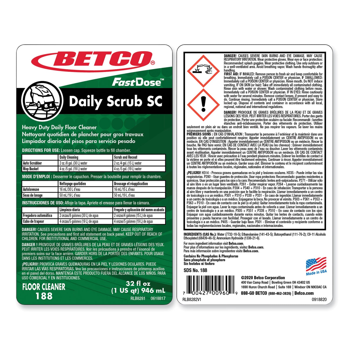 Betco Daily Scrub SC Floor Cleaner, Characteristic Scent, 32 oz Bottle, 6/Carton (1884800)