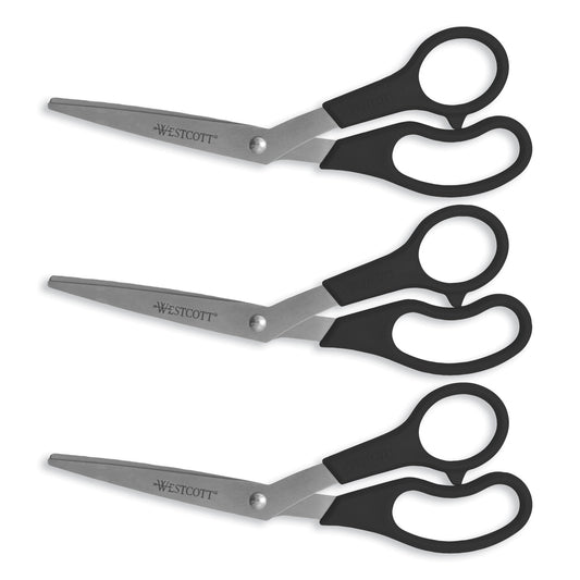 Westcott Value Line Stainless Steel Shears Value Pack, 8" Long, 3.5" Cut Length, Crane-Style Black Handle, 3/Pack (13402)