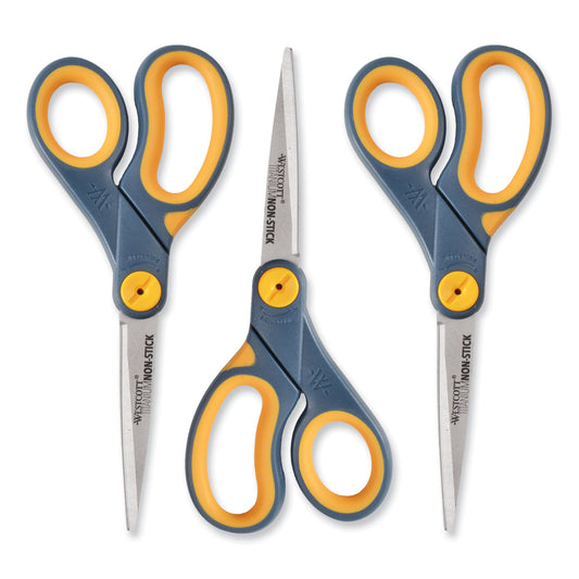 Westcott Non-Stick Titanium Bonded Scissors, 8" Long, 3.25" Cut Length, Straight Gray/Yellow Handle, 3/Pack (15454)