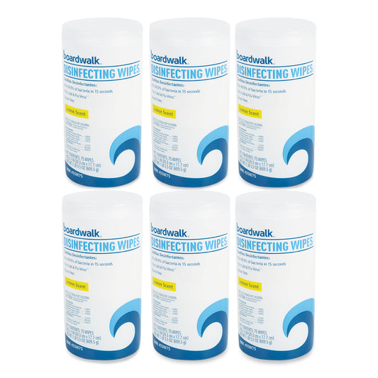 Boardwalk Disinfecting Wipes, 7 x 8, Lemon Scent, 75/Canister, 6 Canisters/Carton (455W75)