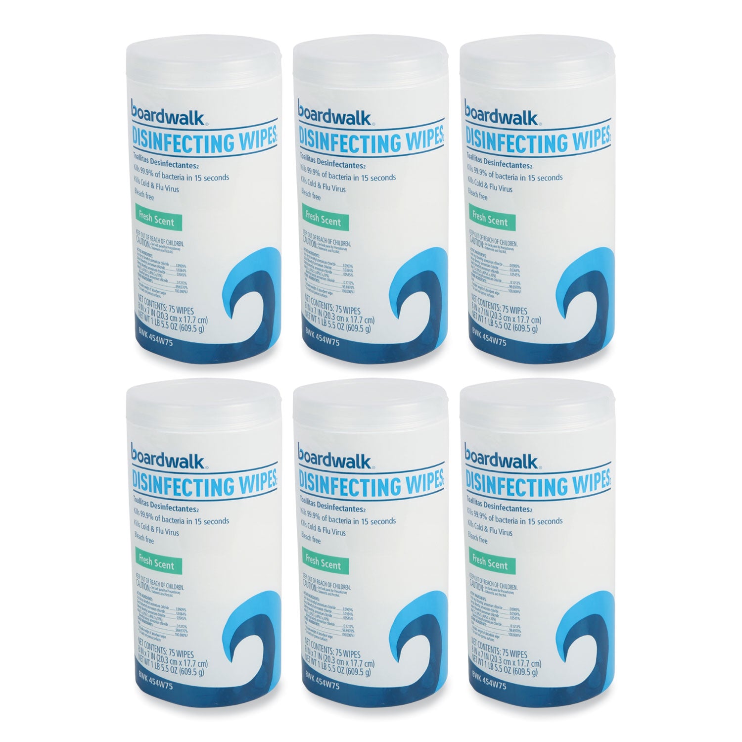 Boardwalk Disinfecting Wipes, 7 x 8, Fresh Scent, 75/Canister, 6 Canisters/Carton (454W75)