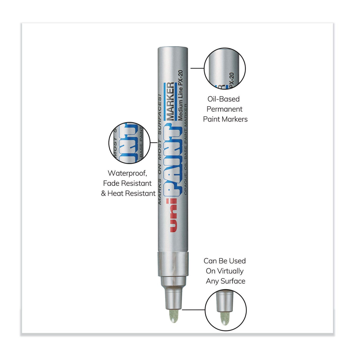 uni Paint Permanent Marker, Medium Bullet Tip, Metallic Silver (63614)