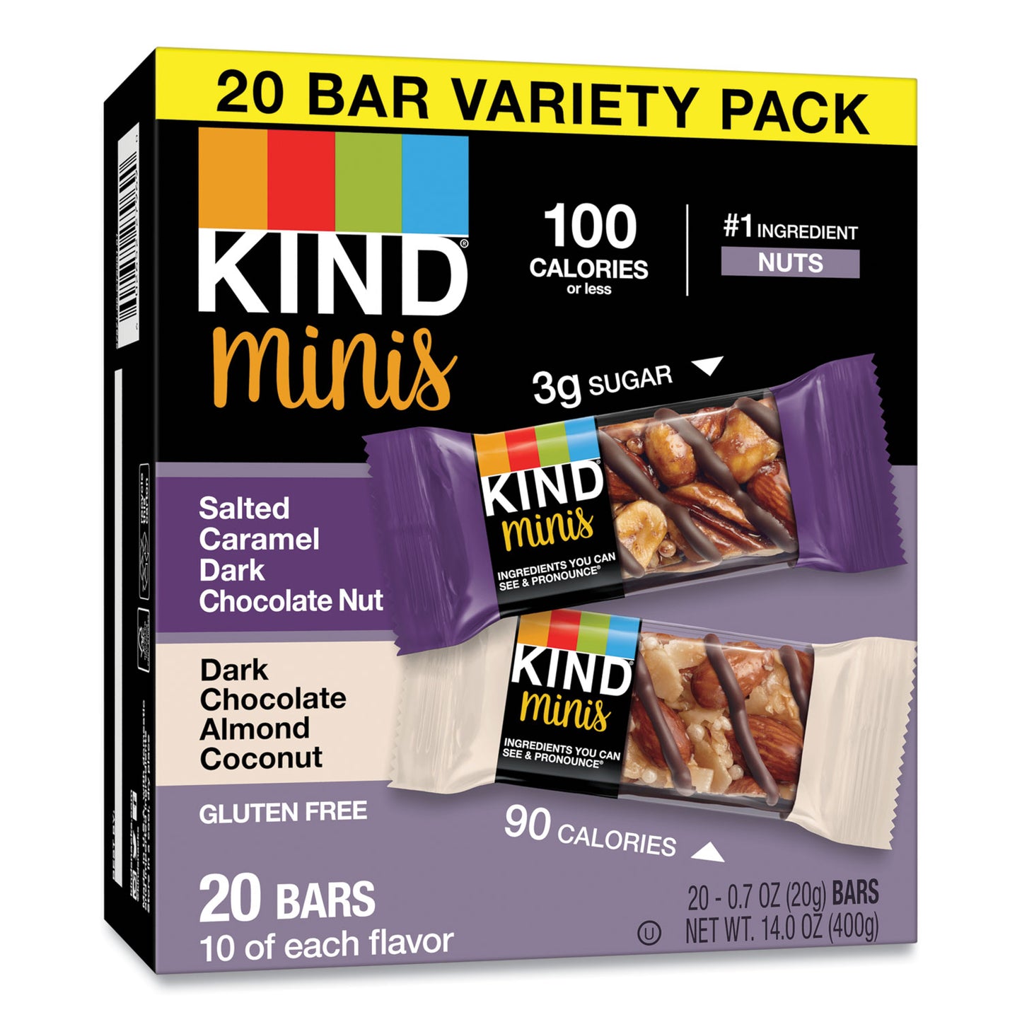 KIND Minis, Salted Caramel and Dark Chocolate Nut/Dark Chocolate Almond and Coconut, 0.7 oz, 20/Pack (27970)